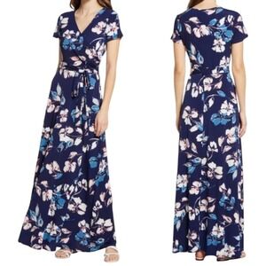 Eliza J Women's Floral Print Faux Wrap Stretch Knit‎ Maxi Dress Size 10 Feminine